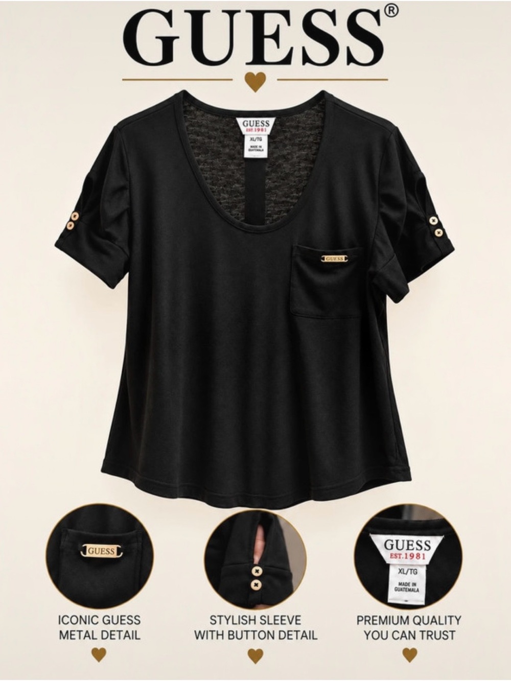 GUESS Black Scoop Neck Short Sleeve Pocket Tee with Button-Tab Sleeves